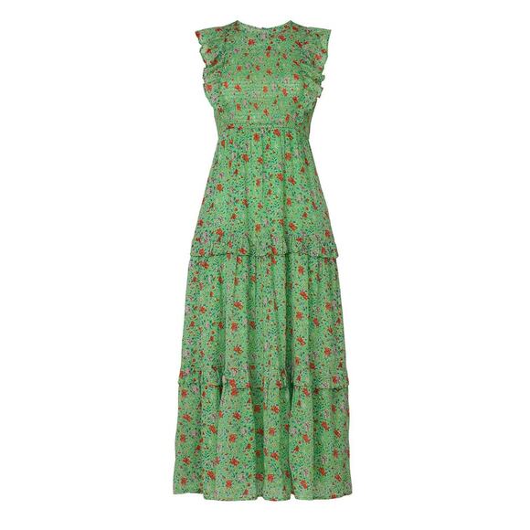 Banjanan Iris Floral Maxi Ruffle Tier Sleeveless Sheath Cotton Green Dress XS - Picture 16 of 16
